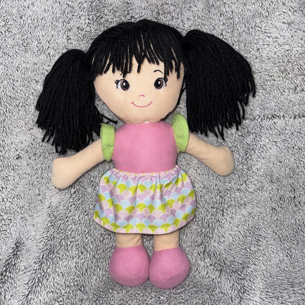 Goffa Rag Doll Plush 15" Black Yarn Hair Embroidered‎ Face Brown Eyes Soft Baby